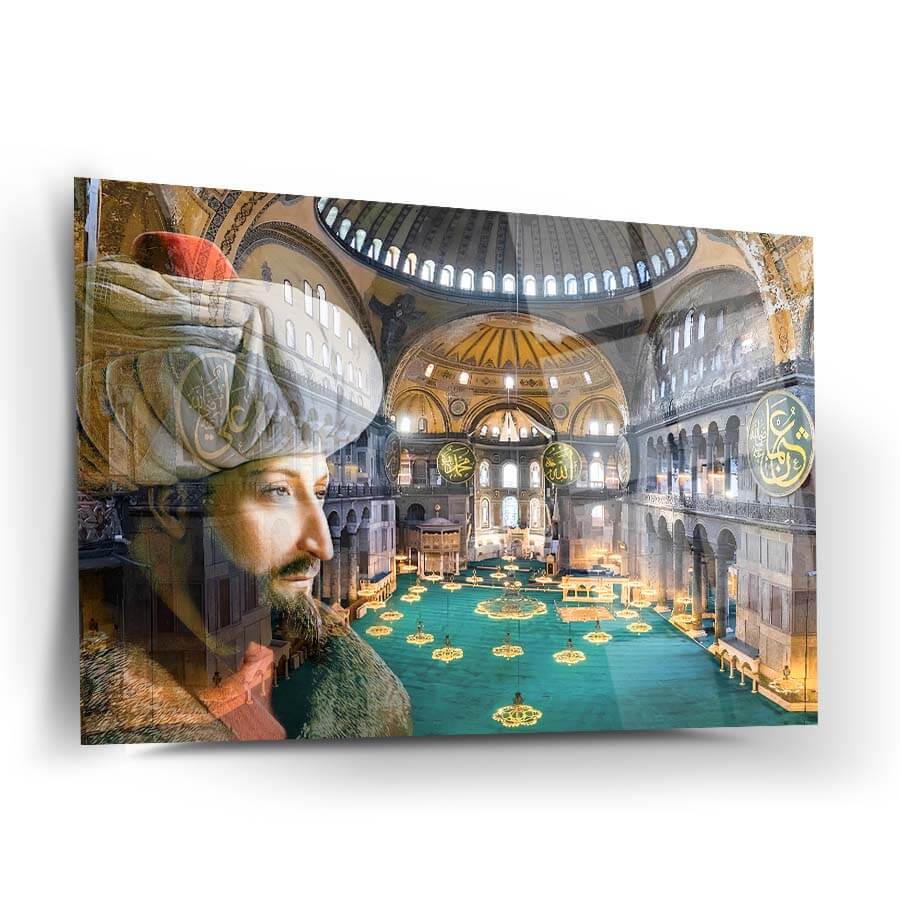 Fatih Sultan Mehmet Ayasofya cam tablo, estetik iç mekan dekoratif sanat eseri, UV baskı ile özel tasarım.