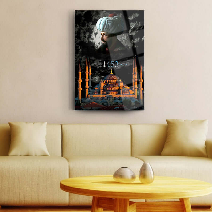 Fatih Sultan Mehmet Ayasofya 2 Cam Tablo, 4mm kalın cam, özel UV baskı, modern ev dekoru.