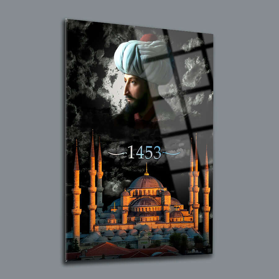 Fatih Sultan Mehmet Ayasofya 2 Cam Tablo, UV baskı ile yüksek kaliteli cam tablo, 1453 tarihi ile tarihi temalı dekor.