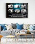 Atatürk 222 Cam Tablo displayed above a modern sofa, featuring inspiring quotes and artistic imagery.