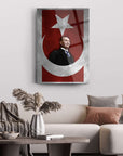 Atatürk 223 Cam Tablo with Turkish flag design in modern living room setting.