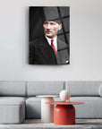 Modern living room with a striking Atatürk Cam Tablo on the wall, showcasing elegant decor.