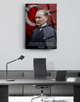 Atatürk 230 Cam Tablo displaying Mustafa Kemal Atatürk with Turkish flag in a modern office setting.