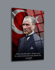 Atatürk 230 Cam Tablo featuring a famous portrait with Turkish flag, durable UV printed glass design by SRD CONCEPT.