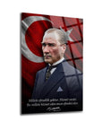 Atatürk 230 Cam Tablo, özel tasarım UV baskı ile yüksek kaliteli cam tablo, Türk bayrağı arka planıyla. 140 karakter.