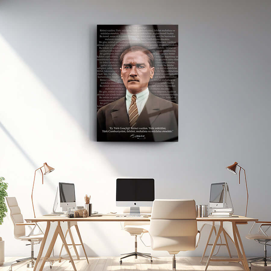 Atatürk 234 cam tablo, ofis dekoru için modern ve şık bir tasarım, kaliteli UV baskı ile yapılmıştır.