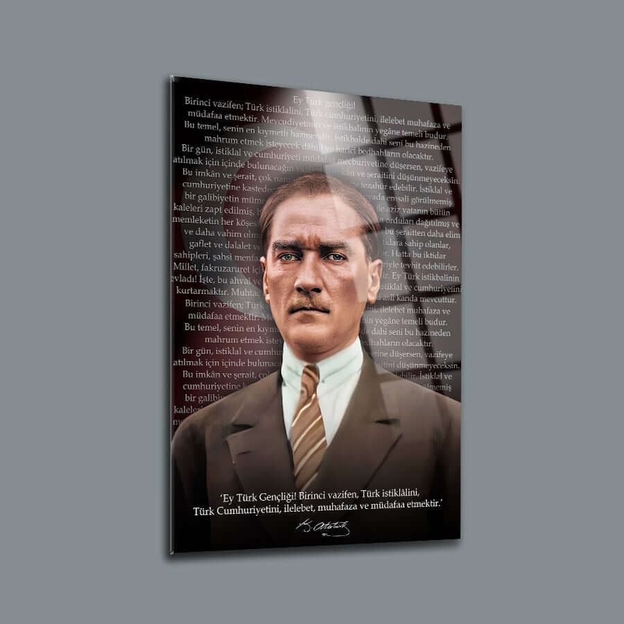 Atatürk 234 Cam Tablo, 4 mm kalınlığında özel tasarımlı cam tablo, UV baskı ile tasarlanmış.