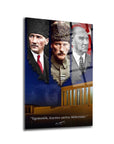 Atatürk 235 Cam Tablo featuring iconic Turkish leaders with a quote about independence.