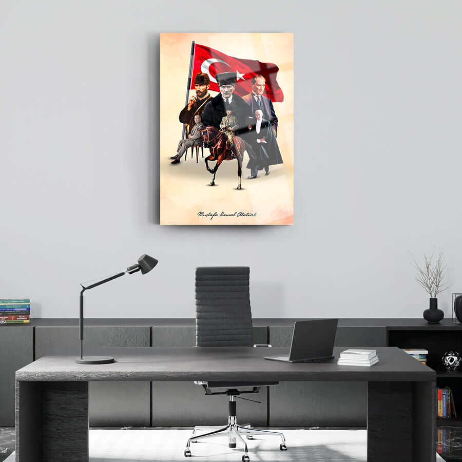 Atatürk 236 Cam Tablo with Turkish flag, featuring historical leaders in an elegant office setting.