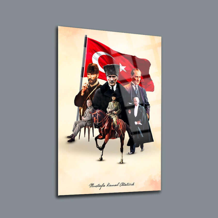 Atatürk 236 Cam Tablo with Atatürk images and Turkish flag on stylish glass design.