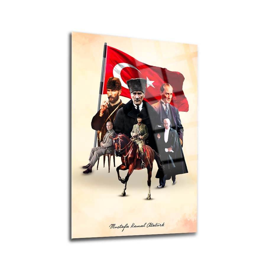 Atatürk 236 Cam Tablo featuring Mustafa Kemal Atatürk and Turkish flag, high-quality UV print on glass.