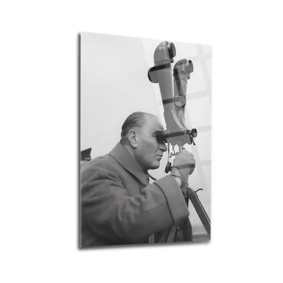 Black and white artwork of a man using a telescope, showcasing a unique cam tableau design.