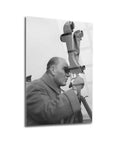 Black and white artwork of a man using a telescope, showcasing a unique cam tableau design.