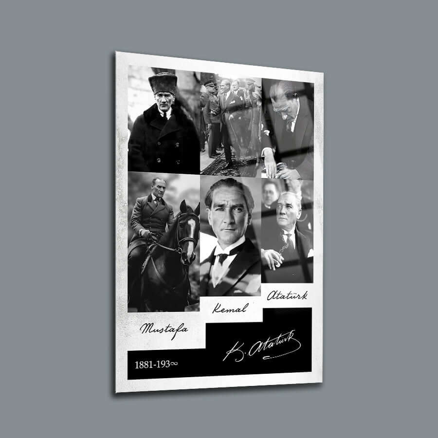 Atatürk 239 Cam Tablo featuring black and white images of Mustafa Kemal Atatürk, highlighting his legacy and leadership.