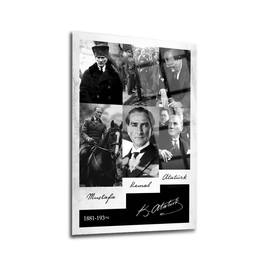 Atatürk 239 Cam Tablo featuring iconic images of Mustafa Kemal Atatürk with artistic UV print on tempered glass.