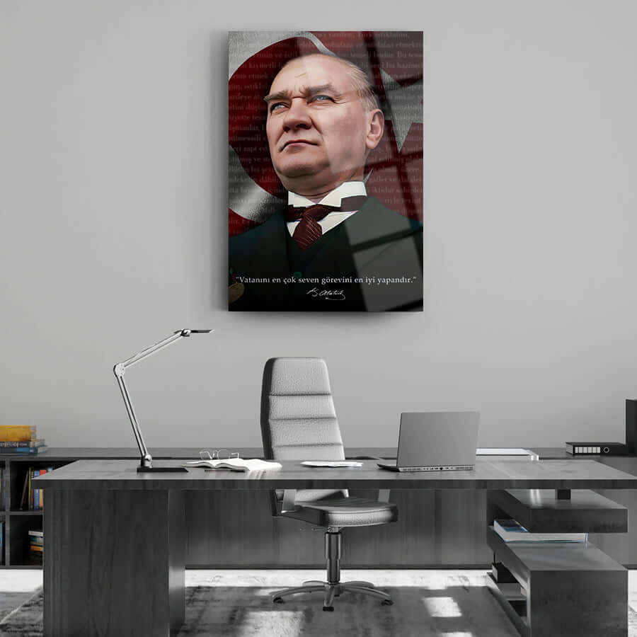 Atatürk 241 Cam Tablo in modern office setting, showcasing high-quality tempered glass art.