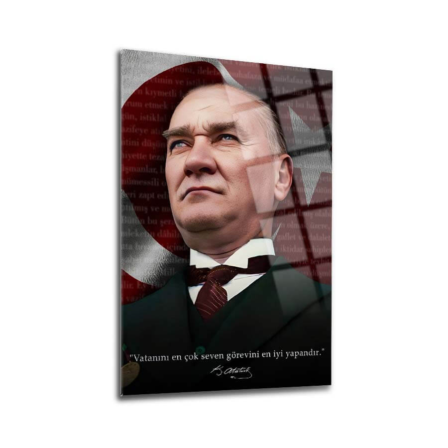 Atatürk 241 Cam Tablo, yüksek kaliteli temperli cam ile UV baskı tasarımı, şıklığı ve dayanıklılığı bir araya getirir.