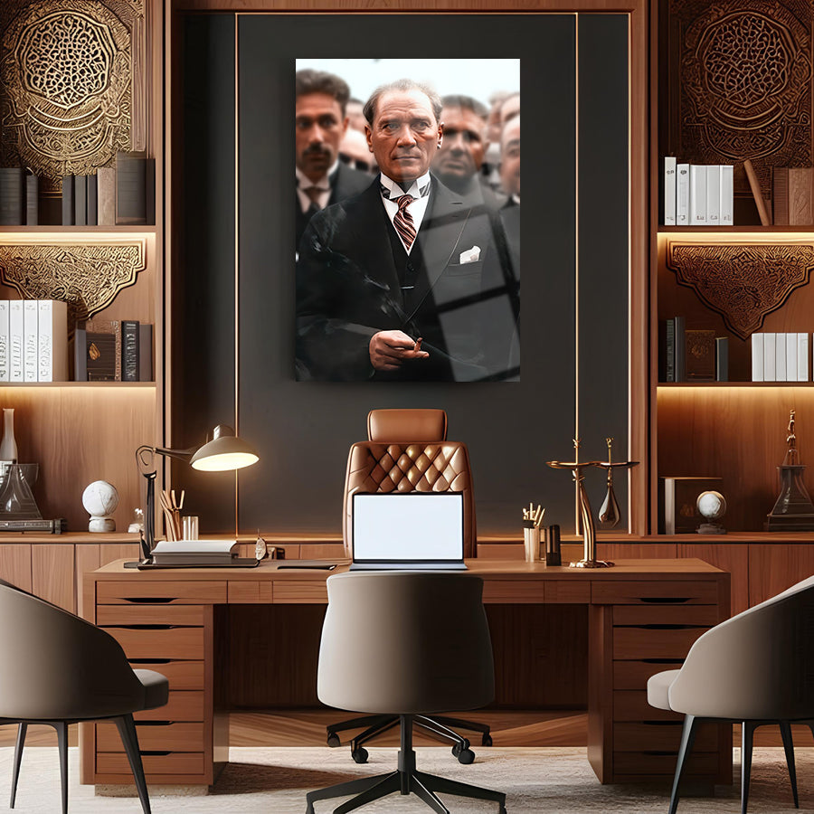 Atatürk 242 Cam Tablo in an elegant wooden office setting, showcasing high-quality glass and UV printing.