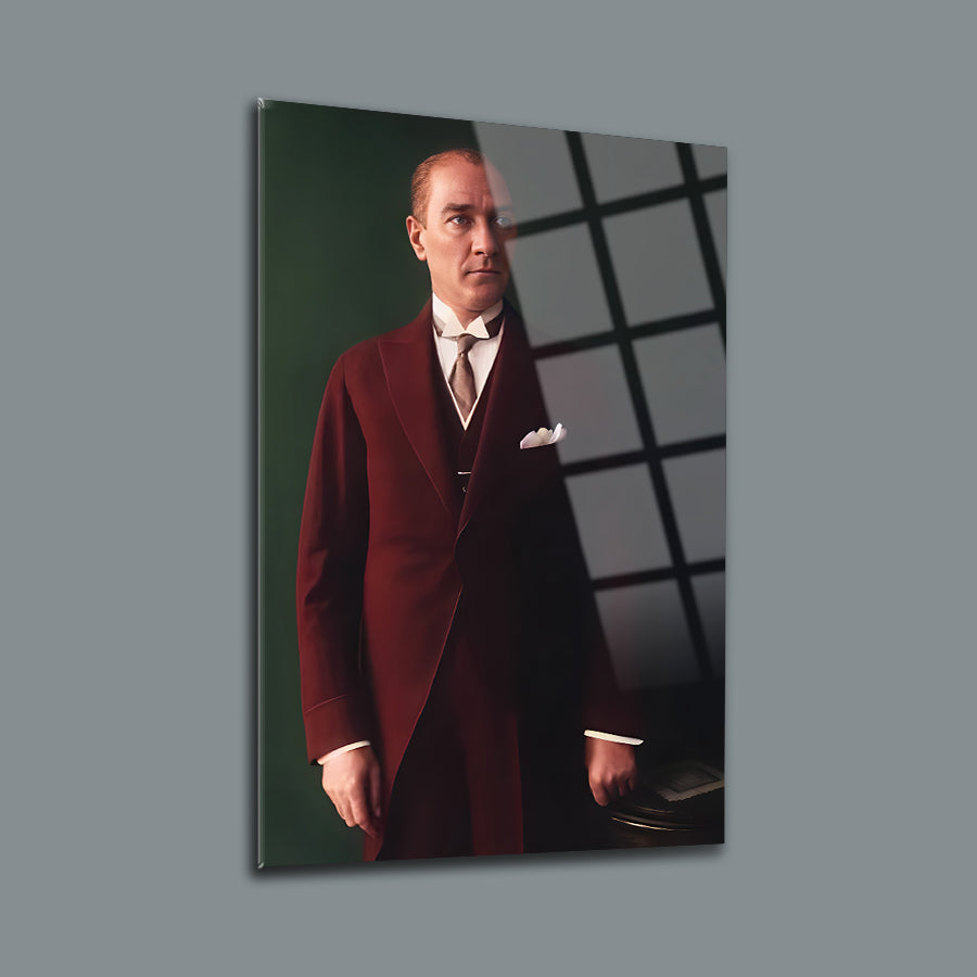 Atatürk 243 Cam Tablo featuring a portrait in a burgundy coat against a dual-tone background.