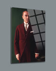 Atatürk 243 Cam Tablo featuring a portrait in a burgundy coat against a dual-tone background.