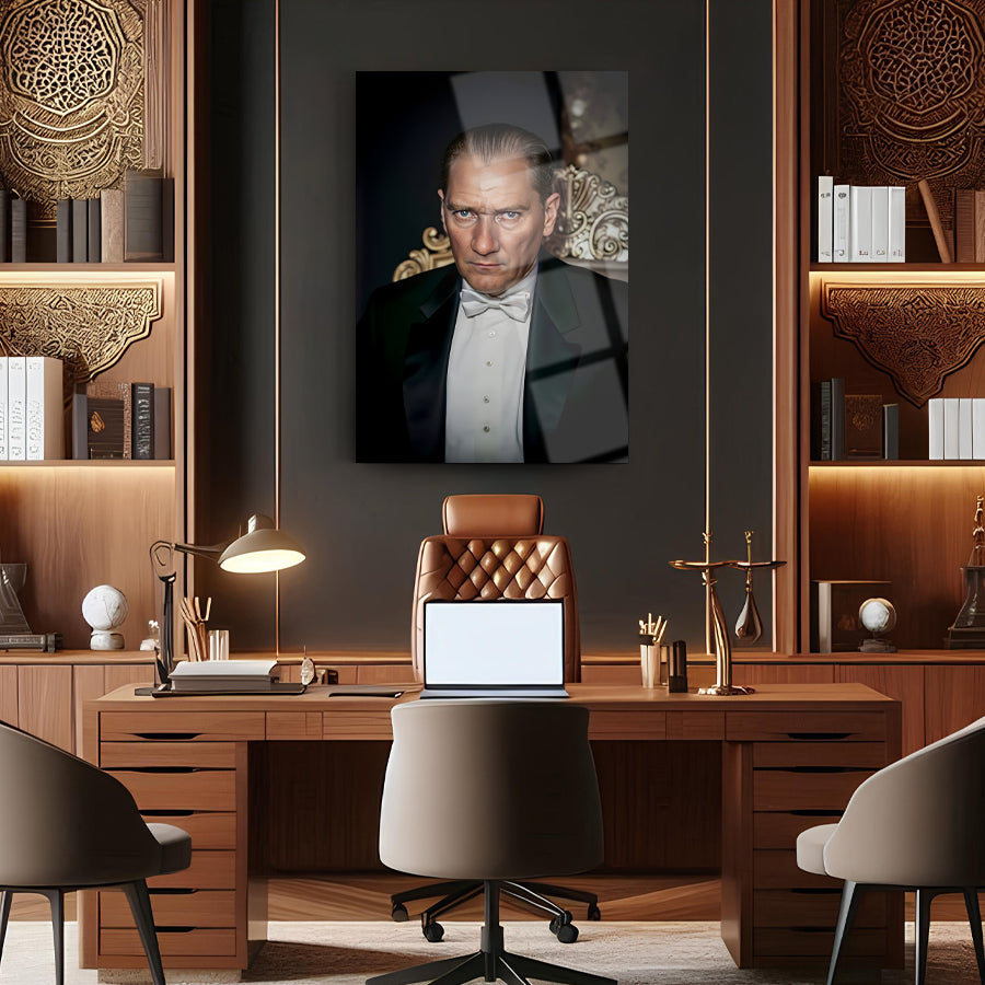 Atatürk 244 Cam Tablo in a modern office setting with elegant wooden furniture and an artistic background.