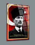 Atatürk 245 Cam Tablo featuring a portrait of Atatürk with a Turkish flag background.