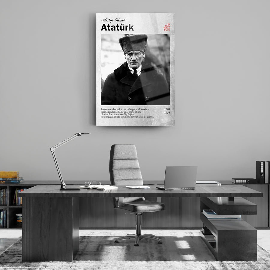 Atatürk cam tablo, modern ofis dekoru, 246 cm, UV baskı, yüksek kaliteli temper cam, şıklık ve dayanıklılık
