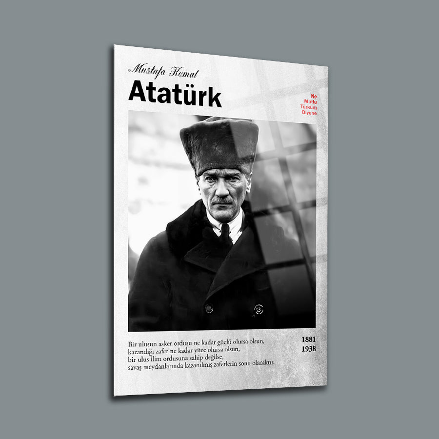 Atatürk portrait wall art on a grey background, showcasing historical significance and cultural heritage.