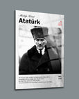 Atatürk portrait wall art on a grey background, showcasing historical significance and cultural heritage.
