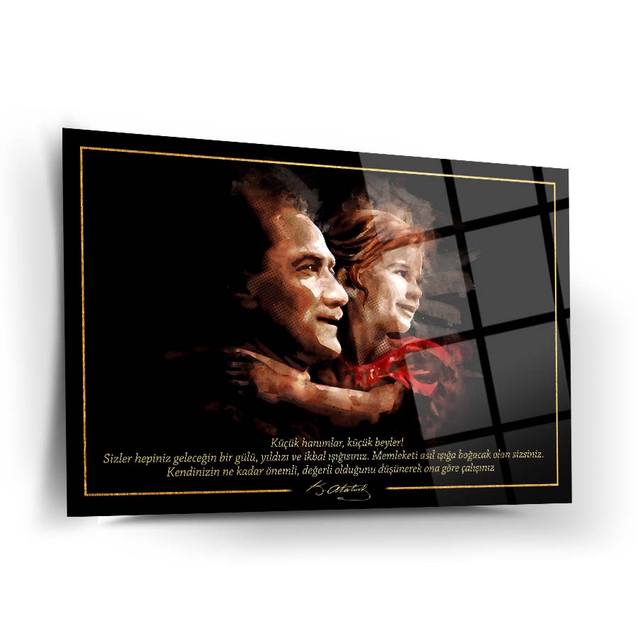 Atatürk 247 Cam Tablo - özel tasarım cam tablo, yüksek kaliteli temperli cam, uv baskı, çocuk ve baba portresi