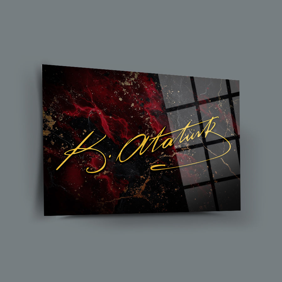 Atatürk imzası ile tasarlanmış modern cam tablo, şık ve dayanıklı UV baskı teknolojisiyle üretilmiştir.
