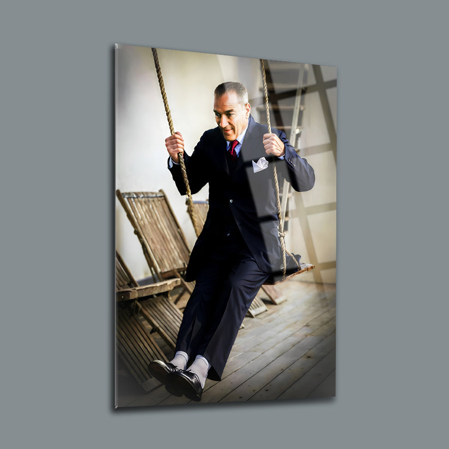 Elegant man in a suit swinging on a rustic wooden swing, captured in high-quality glass art.
