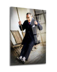 Atatürk 248 Cam Tablo featuring a stylish man on a swing, printed on high-quality tempered glass.
