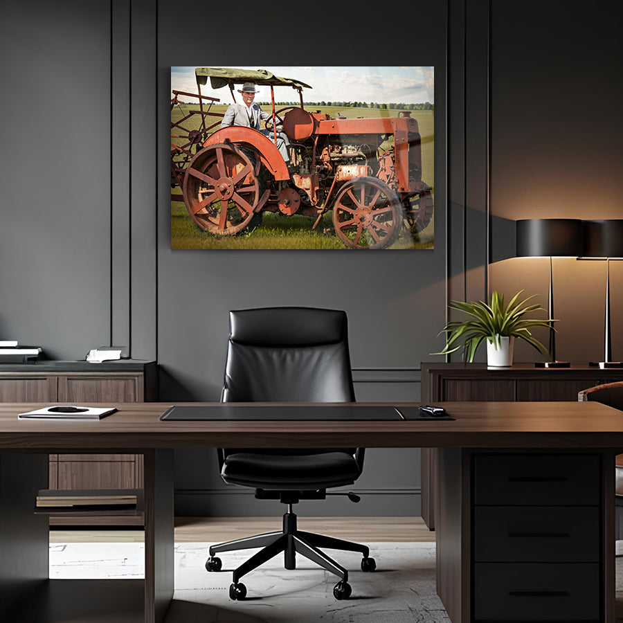 Vintage tractor wall art in modern office setting, featuring warm tones and rich detail.