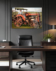 Vintage tractor wall art in modern office setting, featuring warm tones and rich detail.