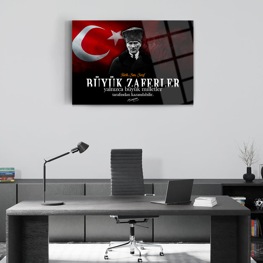 Atatürk 250 Cam Tablo, UV baskılı yüksek kaliteli cam sanat eserinin ofis dekoru.