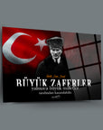 Atatürk 250 Cam Tablo with Turkish flag, featuring inspirational quote about great victories.