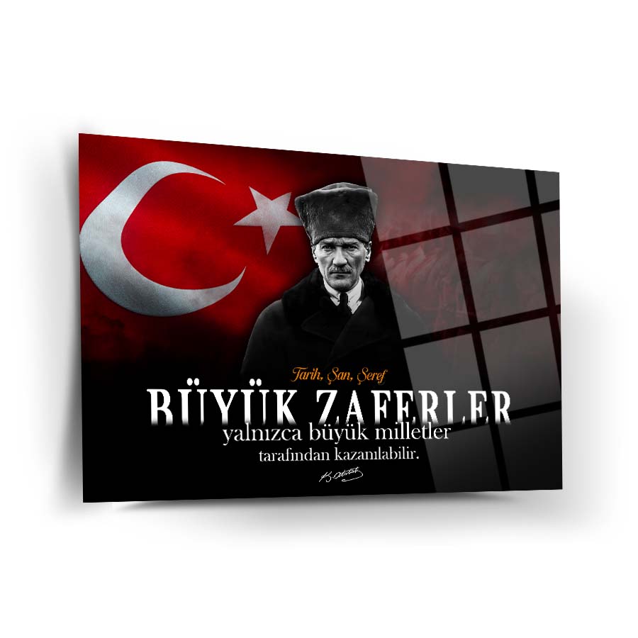 Atatürk 250 Cam Tablo with Turkish flag, featuring motivational quote on a glass surface.