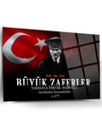 Atatürk 250 Cam Tablo with Turkish flag, featuring motivational quote on a glass surface.