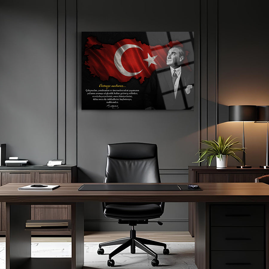 Atatürk 251 Cam Tablo with Turkish flag in an elegant office setting, showcasing a modern design.