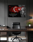 Atatürk 251 Cam Tablo with Turkish flag in an elegant office setting, showcasing a modern design.