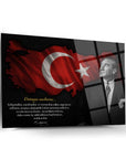 Atatürk 251 Cam Tablo showcasing Turkish flag design with inspirational quote, high-quality tempered glass art.