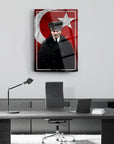 Atatürk 252 Cam Tablo with Turkish flag, perfect for office decor and art lovers.