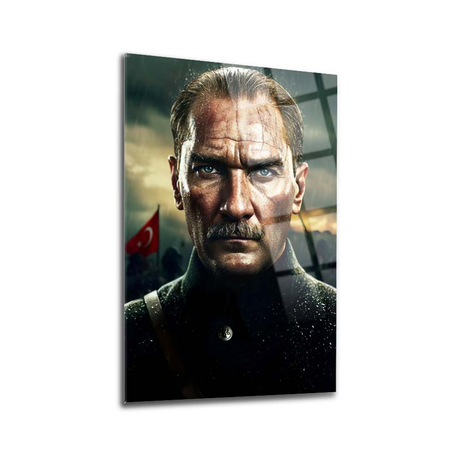 Atatürk Yapay Zeka 22 Cam Tablo, 4 mm temperli cam, UV baskılı özel tasarım, şık ve dayanıklı dekorasyon.