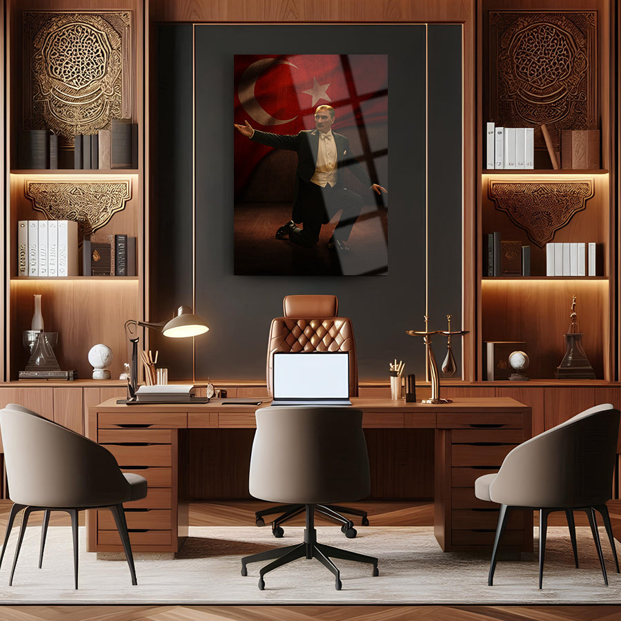 Atatürk Yapay Zeka 23 Cam Tablo in an elegant office setting with wooden decor and modern furniture.