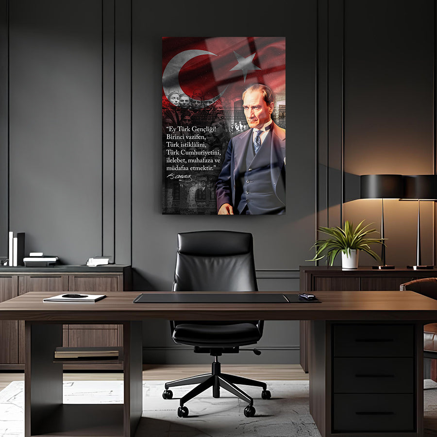 Atatürk 253 Cam Tablo displayed in a stylish office, featuring a UV-printed design with Turkish flags.