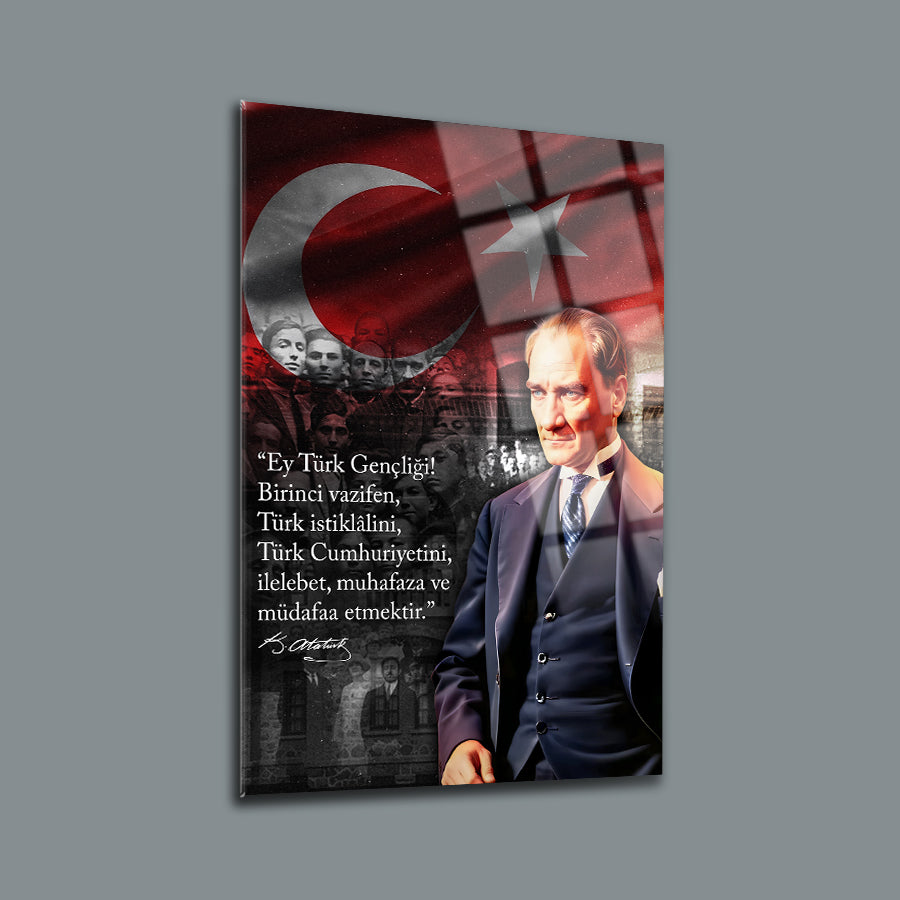 Atatürk 253 Cam Tablo with Turkish flag design and quote on a high-quality glass surface.