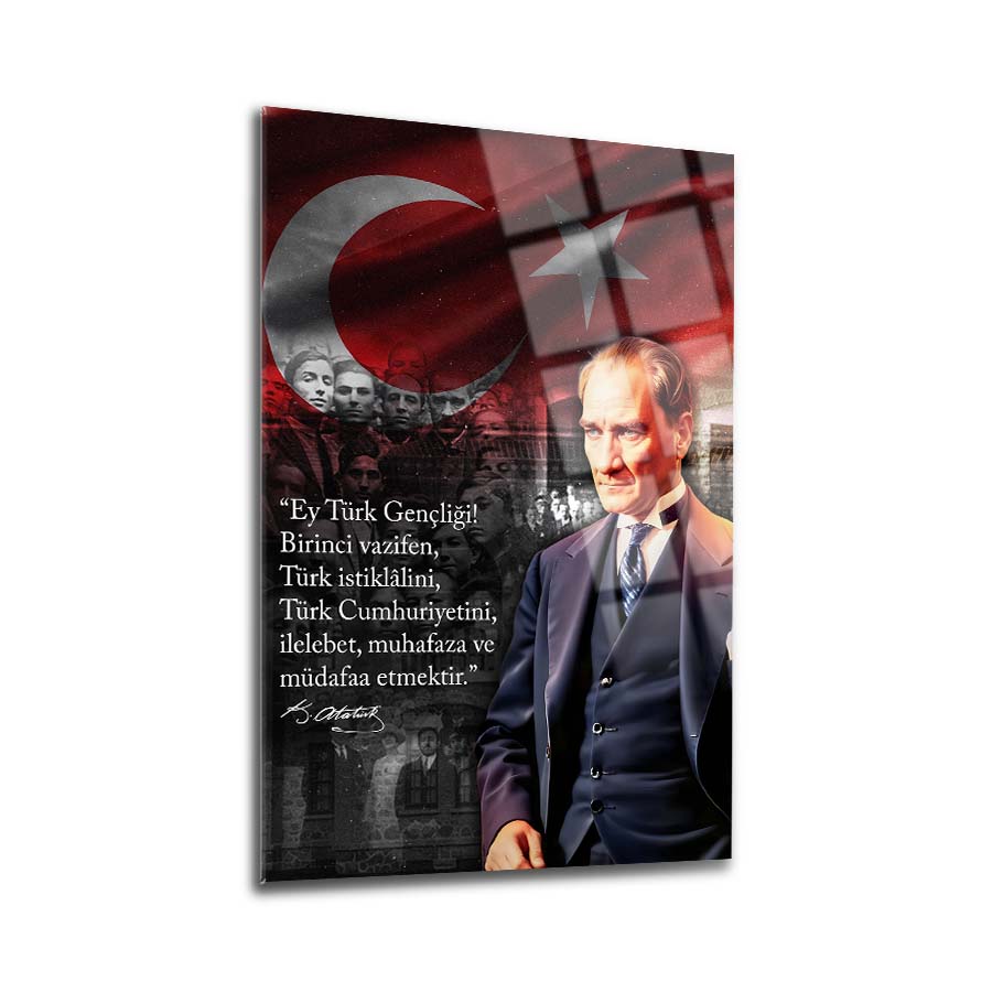 Atatürk 253 Cam Tablo; UV baskı ile tasarlanmış, yüksek kaliteli temperli cam tablo.