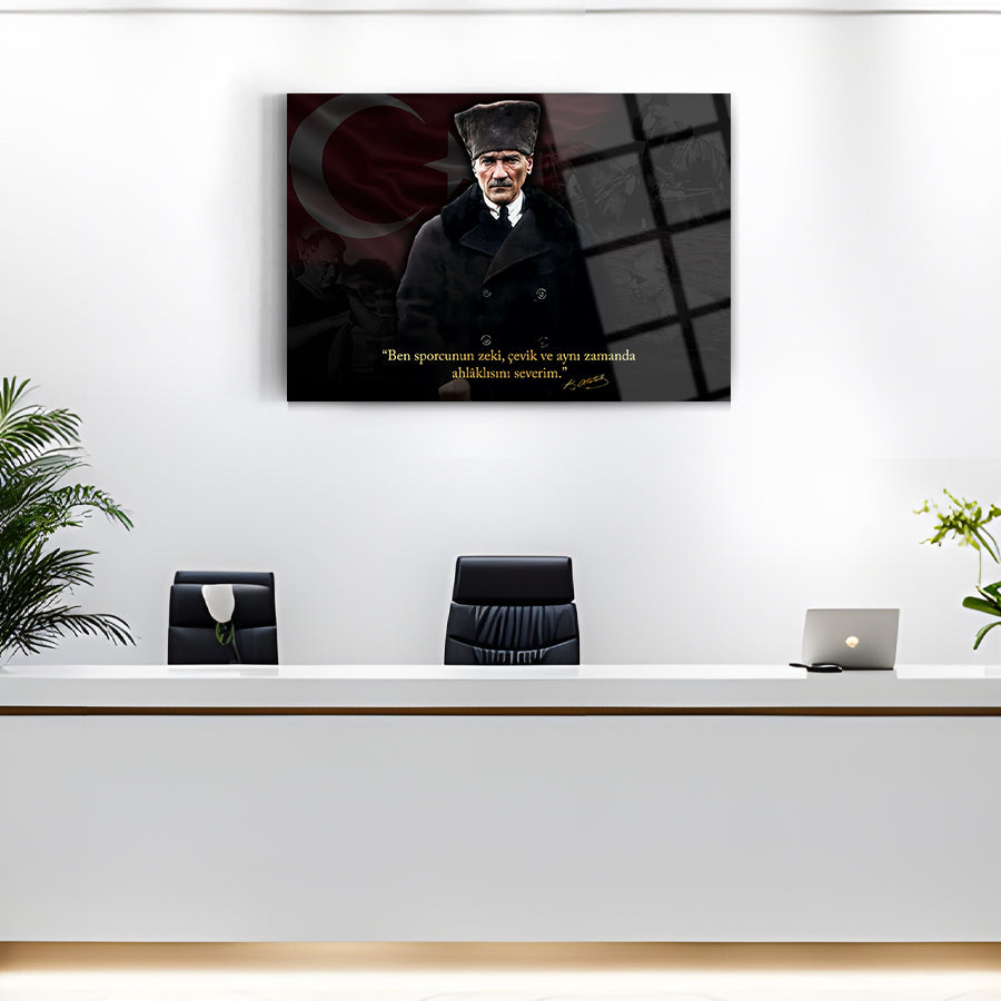 Atatürk 255 Cam Tablo in modern office setting showcasing UV print design and high-quality tempered glass.