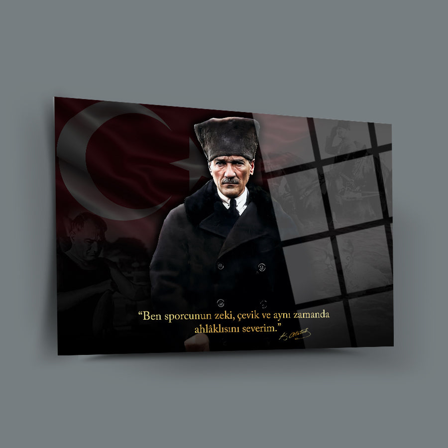 Atatürk 255 cam tablo, yüksek kaliteli UV baskı ile özel tasarım, 4 mm kalınlıkta temperli cam.